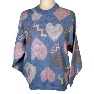 Women Pastel Heart Knit Oversized Sweater Lovecore Soft Kawaii Cute Graphic Med